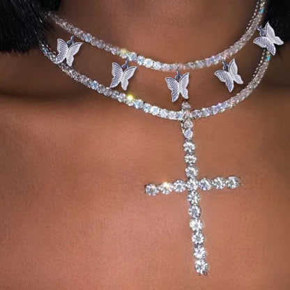 Iced Out Crystal Ankh Cross Pendant Tennis Necklace For Women Shining Butterfly Rhinestone Clavicle Chain Choker 2021 New Jewely