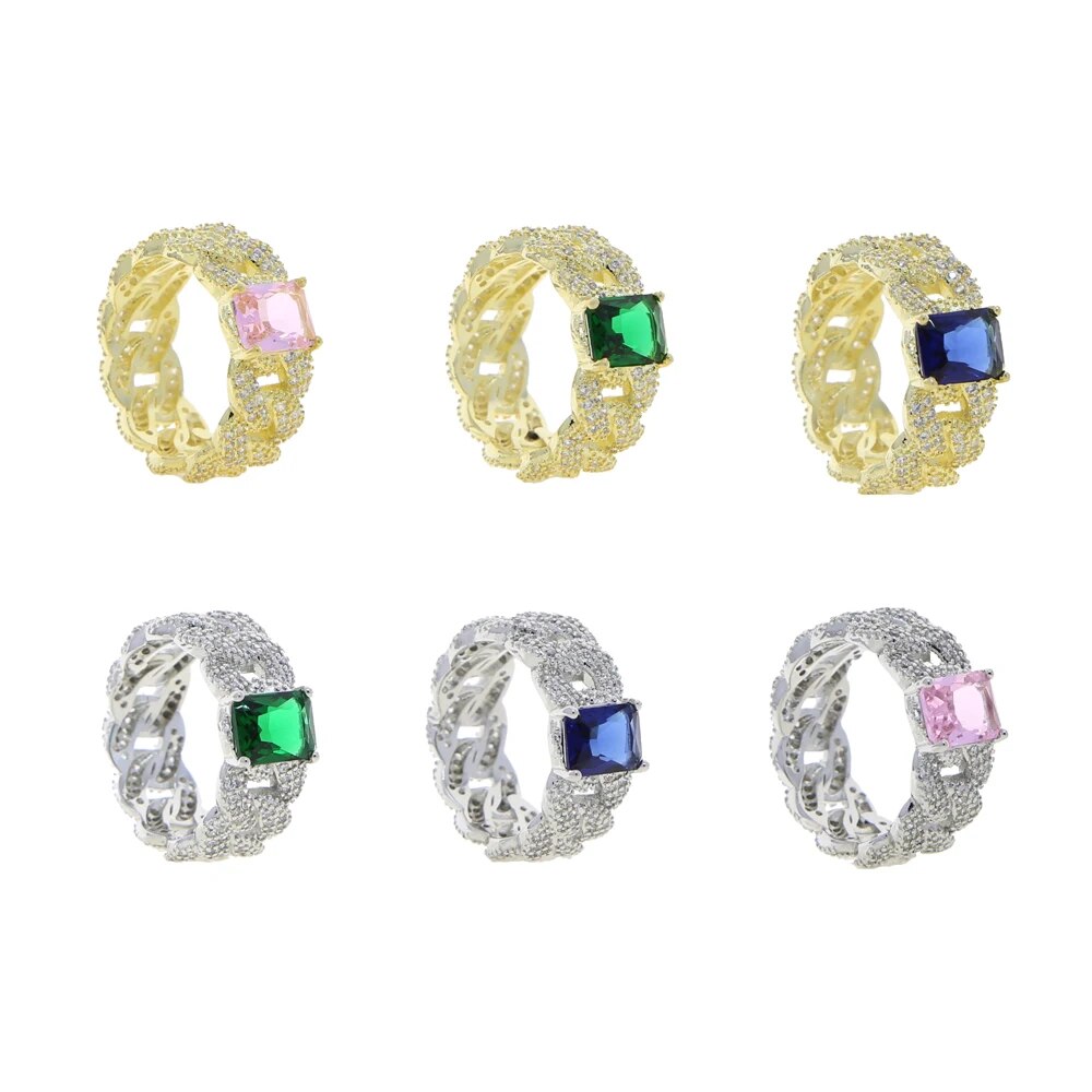 Clear Bezel Big Crystal Cubic Zircon CZ Cuban Link Chain Finger Ring