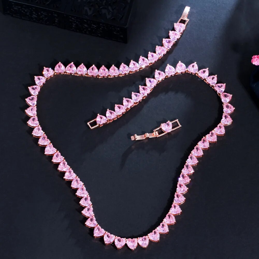 Pink Cubic Zirconia Cute Romantic Love Heart Shape Tennis Choker Necklace