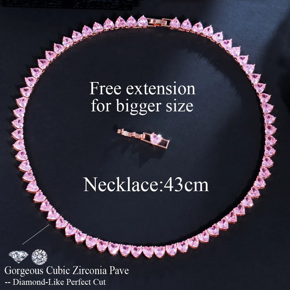 Pink Cubic Zirconia Cute Romantic Love Heart Shape Tennis Choker Necklace