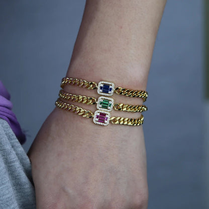 Rainbow Colorful Geometric Square Cz Paved Cuban Link Chain Bracelet