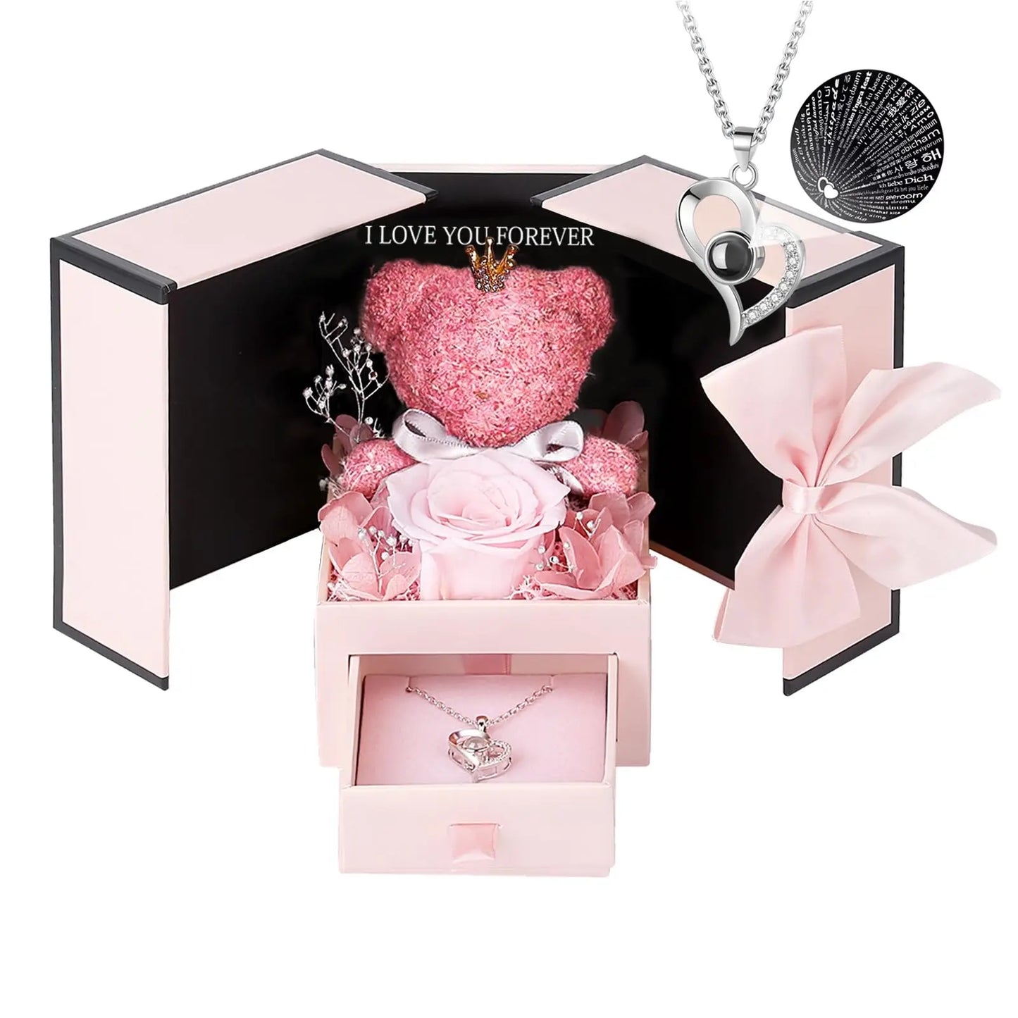 Eternal Rose Bear Box with Necklace Projection 100 Languages I Love You Heart Pendant