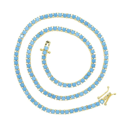 Elegant Gold Color Plated 3MM Turquoise Stone Paved Tennis Chain Necklace