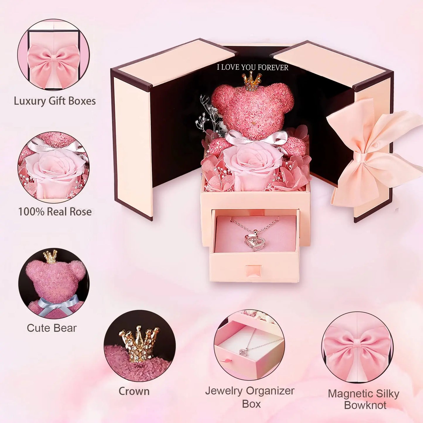 Eternal Rose Bear Box with Necklace Projection 100 Languages I Love You Heart Pendant