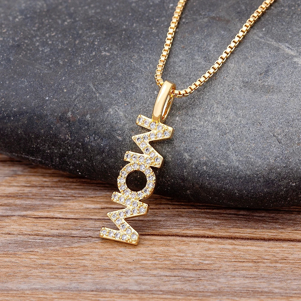 Mom Letter Pave Crystal Pendant Necklace