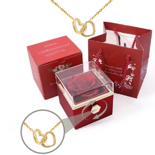 Eternally Preserved Rotating Rose Box-Engraved Heart Necklace