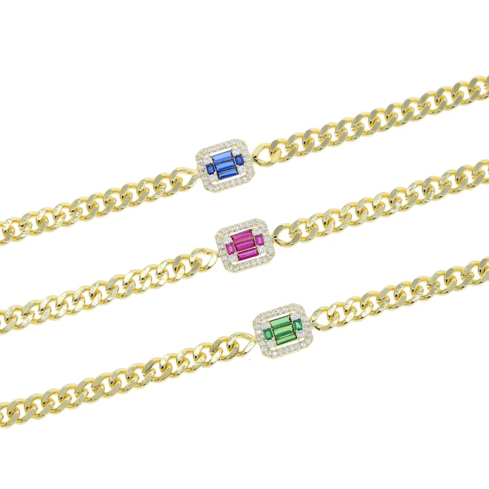 Rainbow Colorful Geometric Square Cz Paved Cuban Link Chain Bracelet