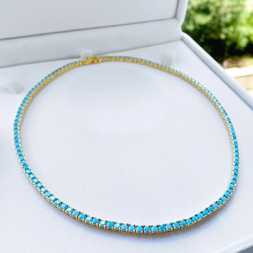 Elegant Gold Color Plated 3MM Turquoise Stone Paved Tennis Chain Necklace