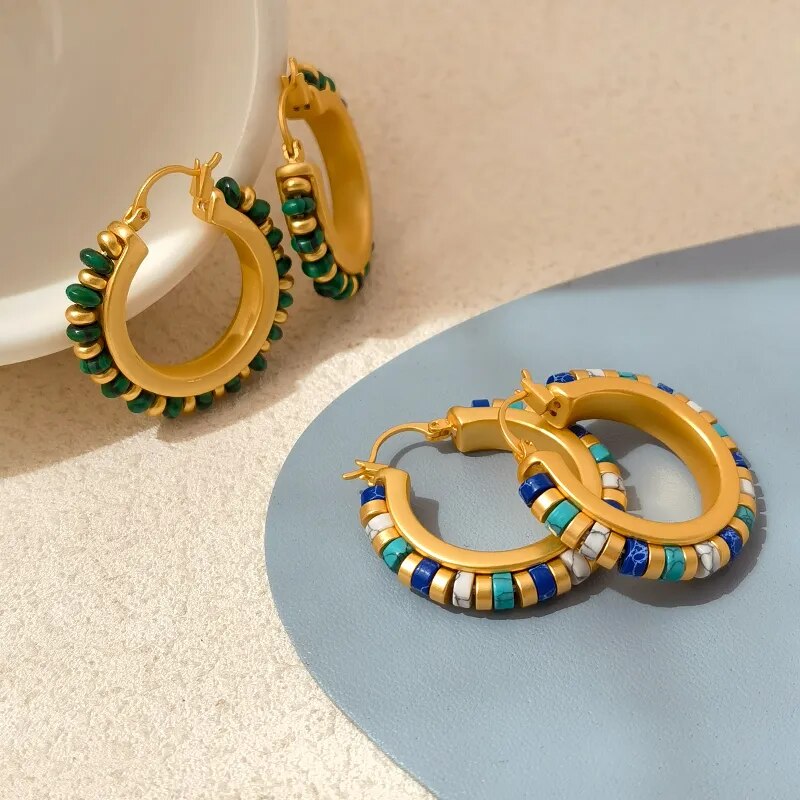 Green Stone Hoop Earrings