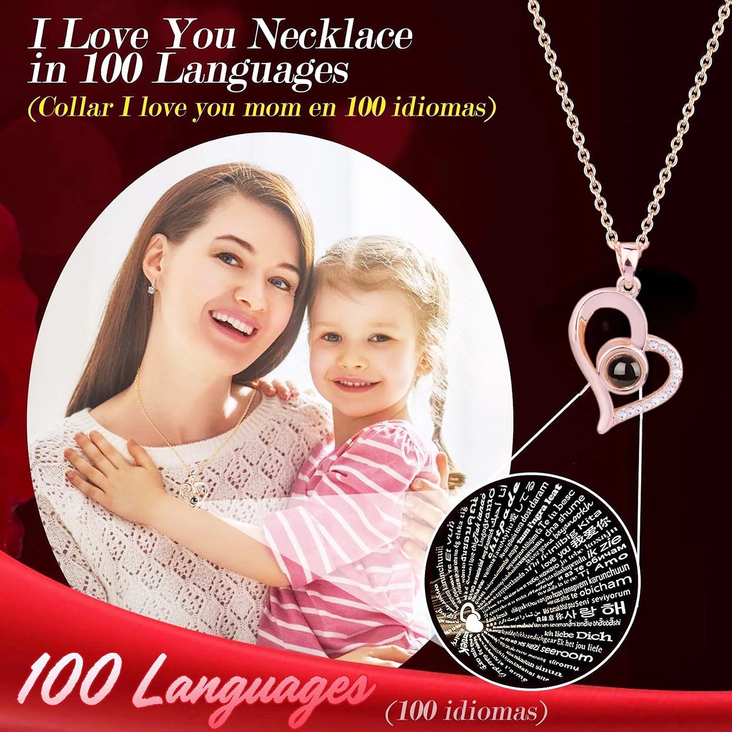 Eternal Rose Bear Box with Necklace Projection 100 Languages I Love You Heart Pendant