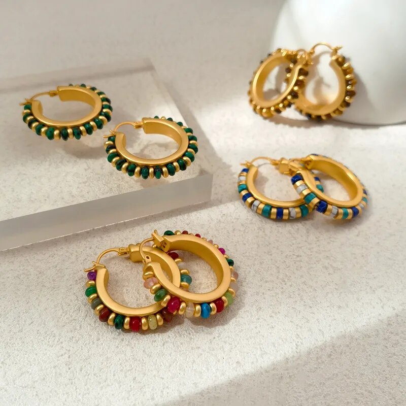 Green Stone Hoop Earrings